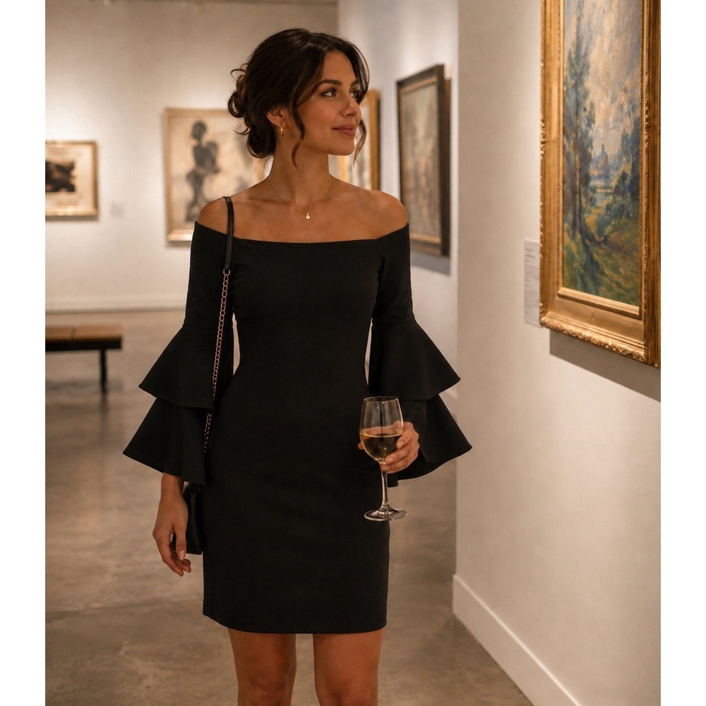Socialite Cocktail Dress XS Off Shoulder Bell Sleeve Pencil Straight Party Class